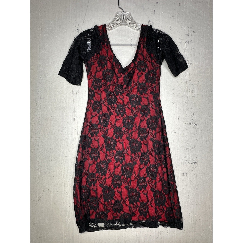 Vintage Y2k Objex Black/Red Rose Mesh Embroidered Mini Dress | Tagged Sz: L
